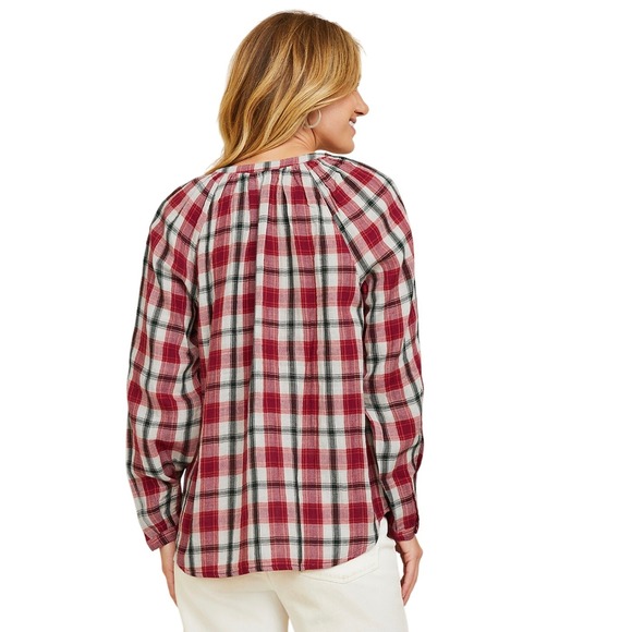 Garnet Hill Red Gauze Organic-Cotton Plaid Popover Blouse Women Small 50683 NWT - Picture 2 of 11